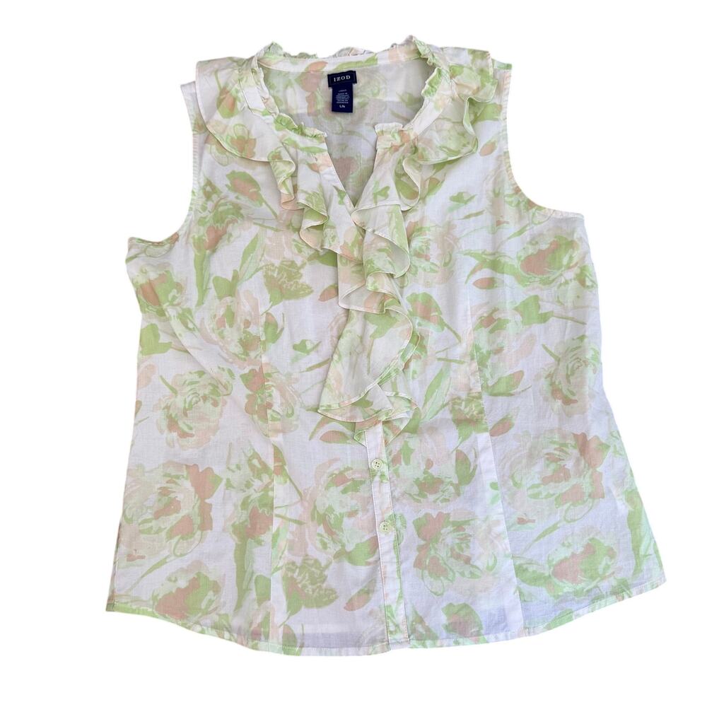 Izod Y2K Vintage Ruffle Front Button Up Sleeveless Blouse